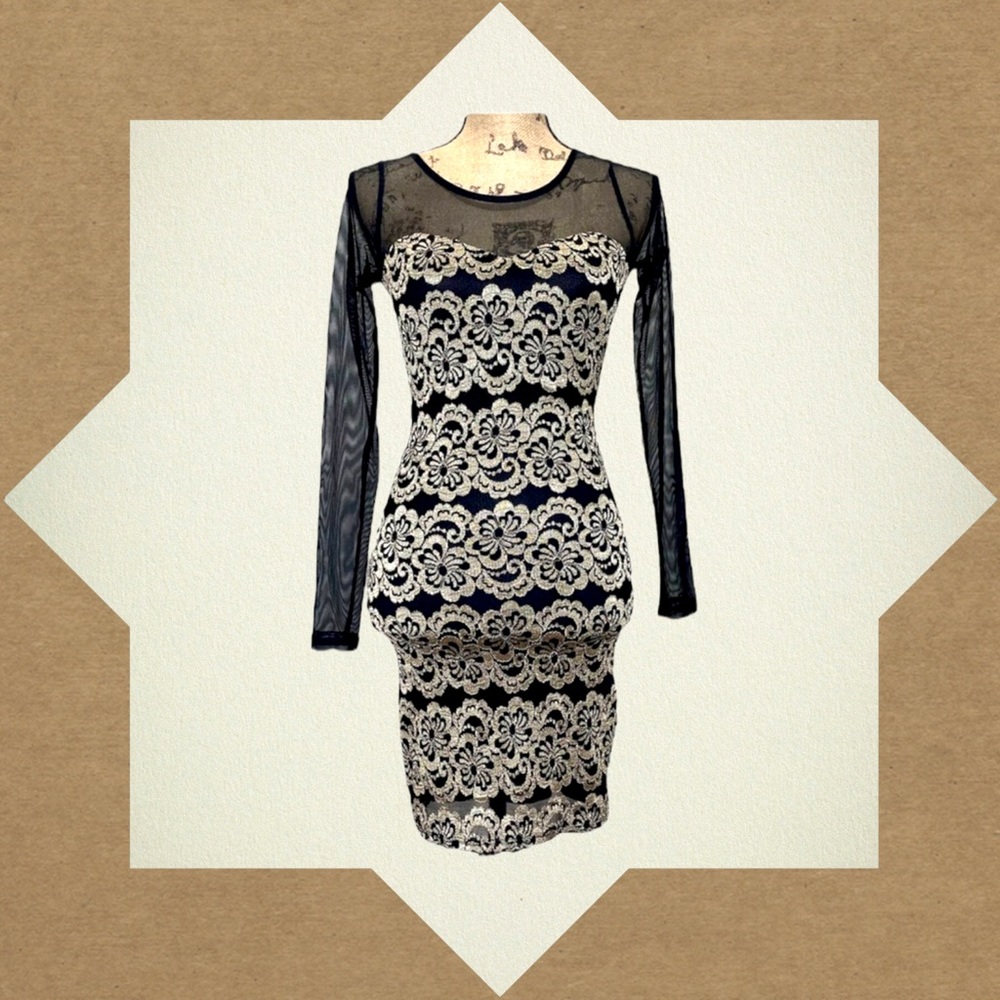 A'gaci Black and Gold Sheer Long Sleeve Dress